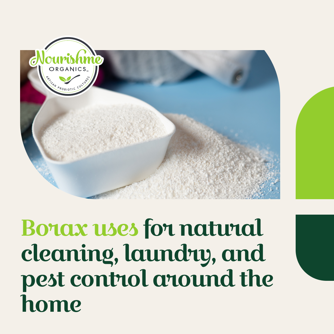  A white measuring scoop rests inside a bowl filled with fine white borax powder on a blue surface.