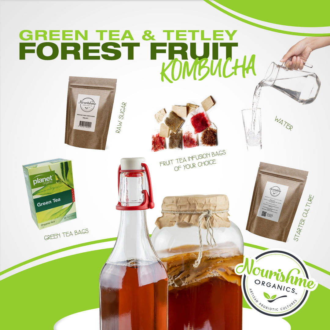 Green tea & Tetley Forest Fruit Kombucha