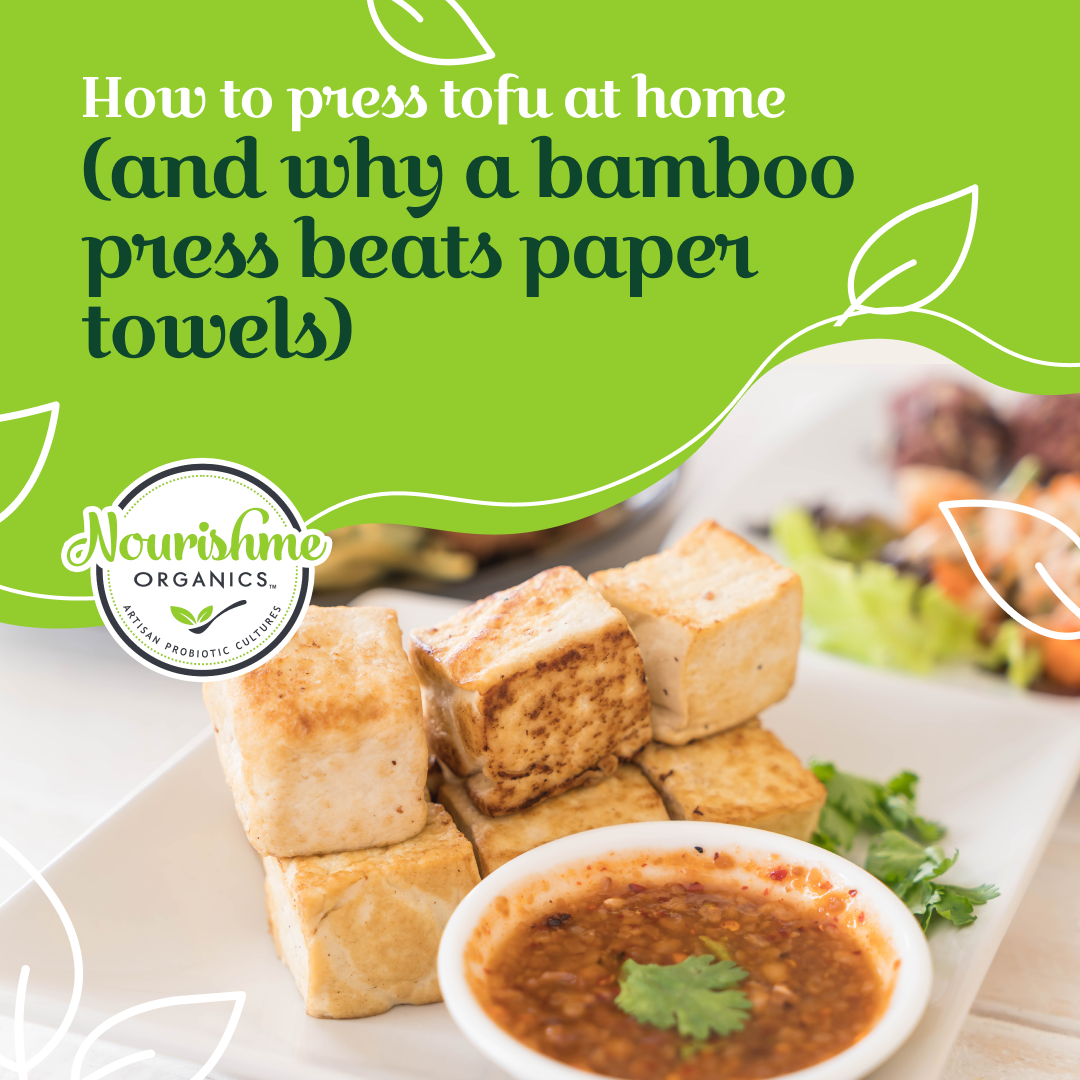 how to press tofu at home, with pan-fried tofu cubes and chilli dipping sauce